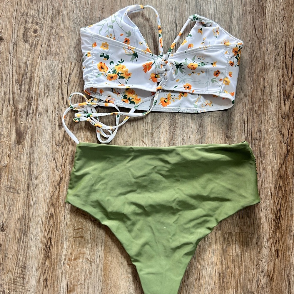 Floral Bikini Top and Olive High-Waisted Bottom - Picture 2 of 2